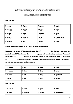 Đề thi cuối học kỳ II môn Tiếng Anh Lớp 6 - Năm học 2019-2020 (Có đáp án)